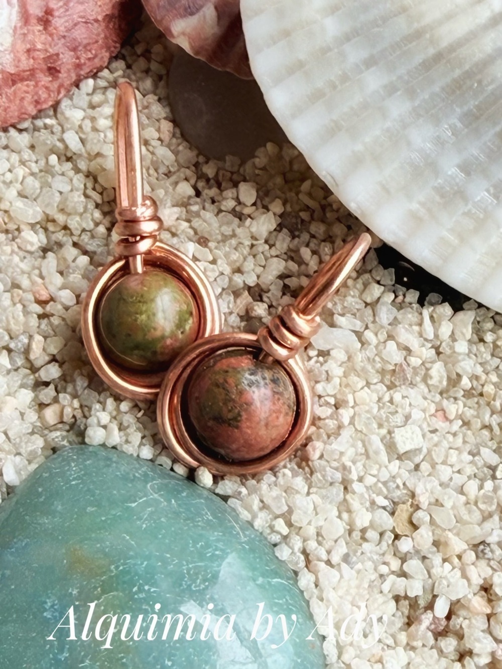 Copper Wirewrapped Unakite Earrings with Green and Orange Beads
